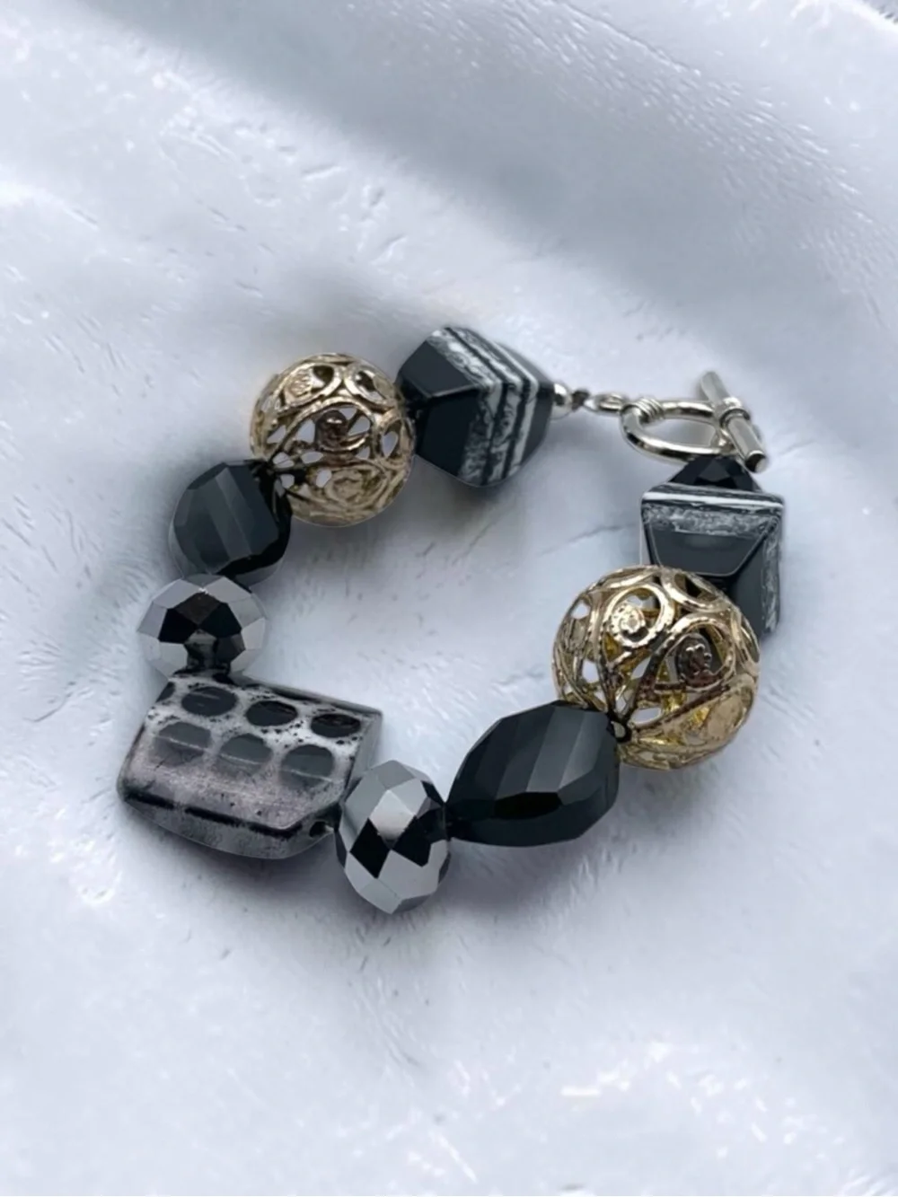Handcrafted Black and Silver Beaded Toggle Bracelet